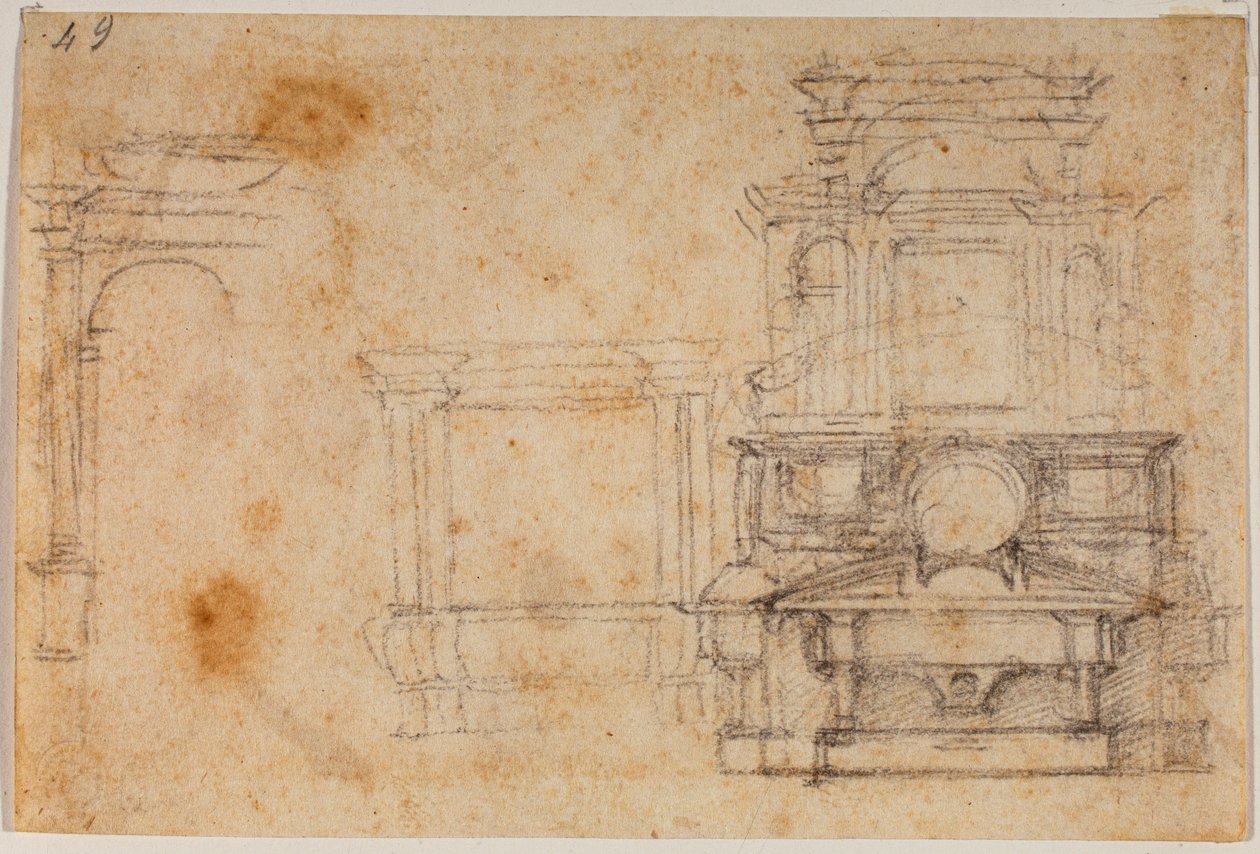 Studie z náhrobních památek pro novou sakristii od Michelangelo Buonarroti