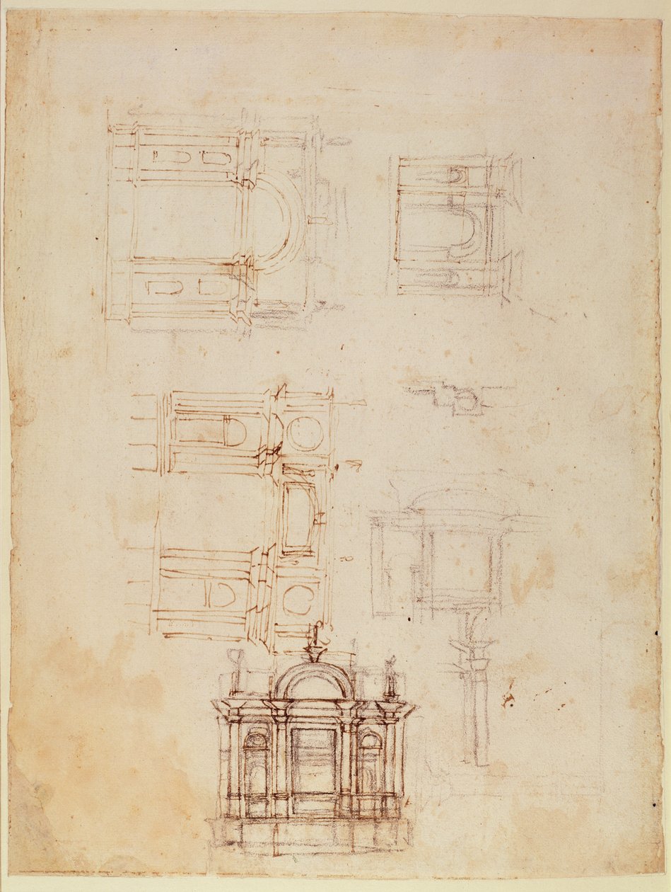 Studie pro architektonickou kompozici v podobě vítězného oblouku, cca 1516 (černá křída s perem a hnědým inkoustem na papíře) (recto) (obr. 191776) od Michelangelo Buonarroti