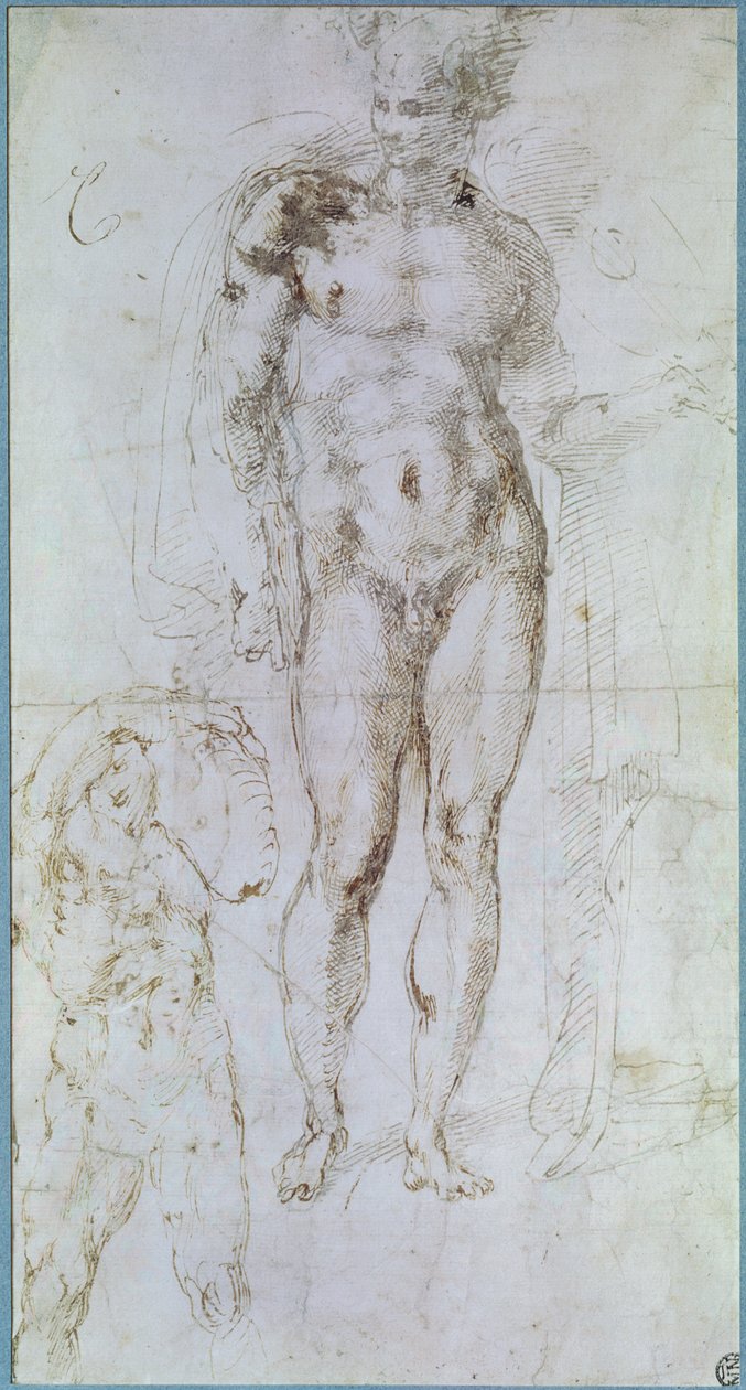 Studie pro Apollóna (dříve Merkur) stojícího nahá s pláštěm přehozeným přes ramena a postavou muže nesoucího břemeno od Michelangelo Buonarroti