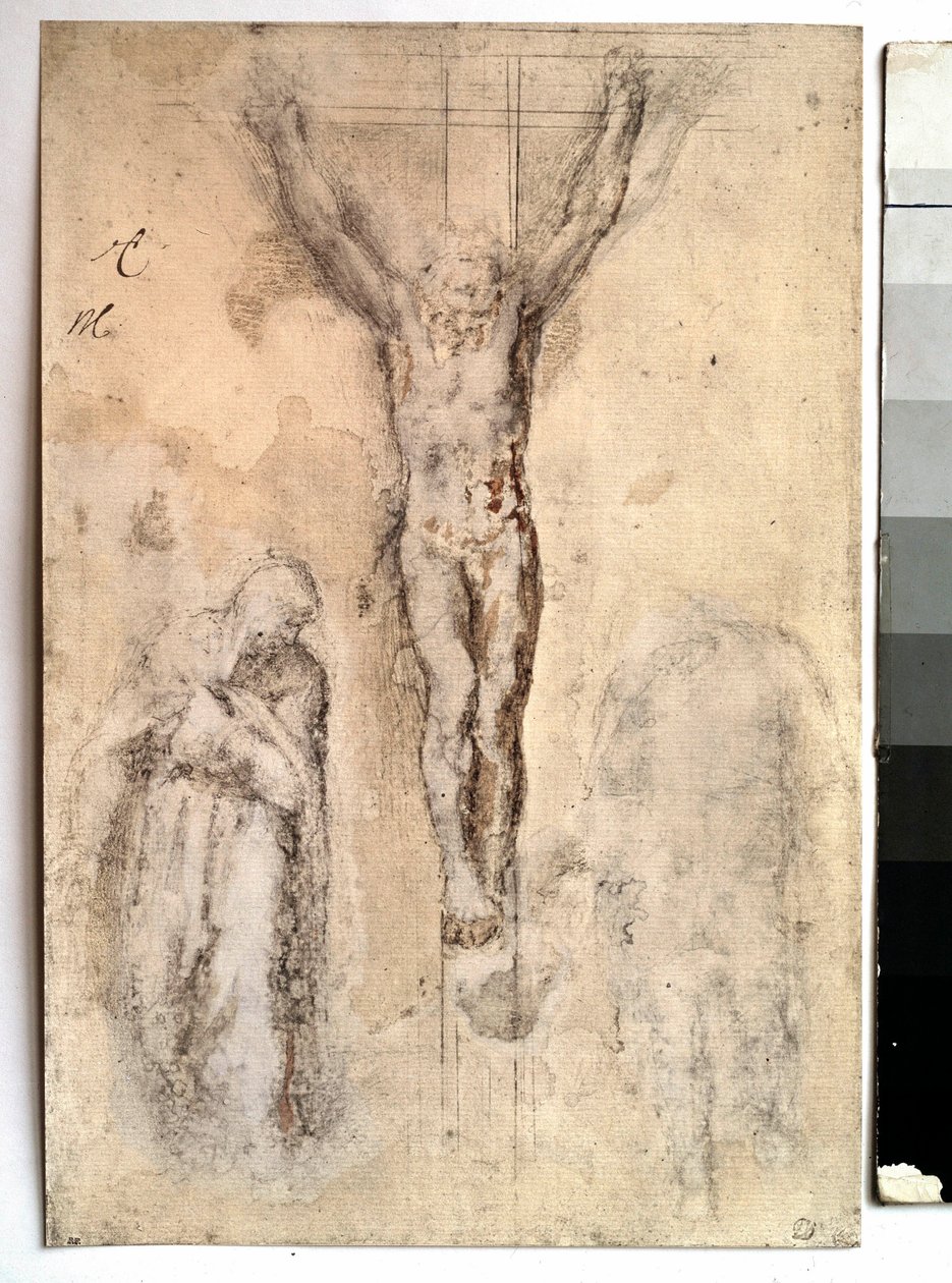 Studie na ukřižování Znázornění Krista na kříži s Pannou Marií a svatým Janem. Kresba Michelangelo Buonarroti dit Michelangelo (Michelangelo nebo Michel Ange od Michelangelo Buonarroti