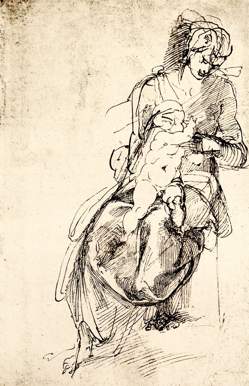 Studie k soše Madony v Medicejské kapli ve Florencii od Michelangelo Buonarroti