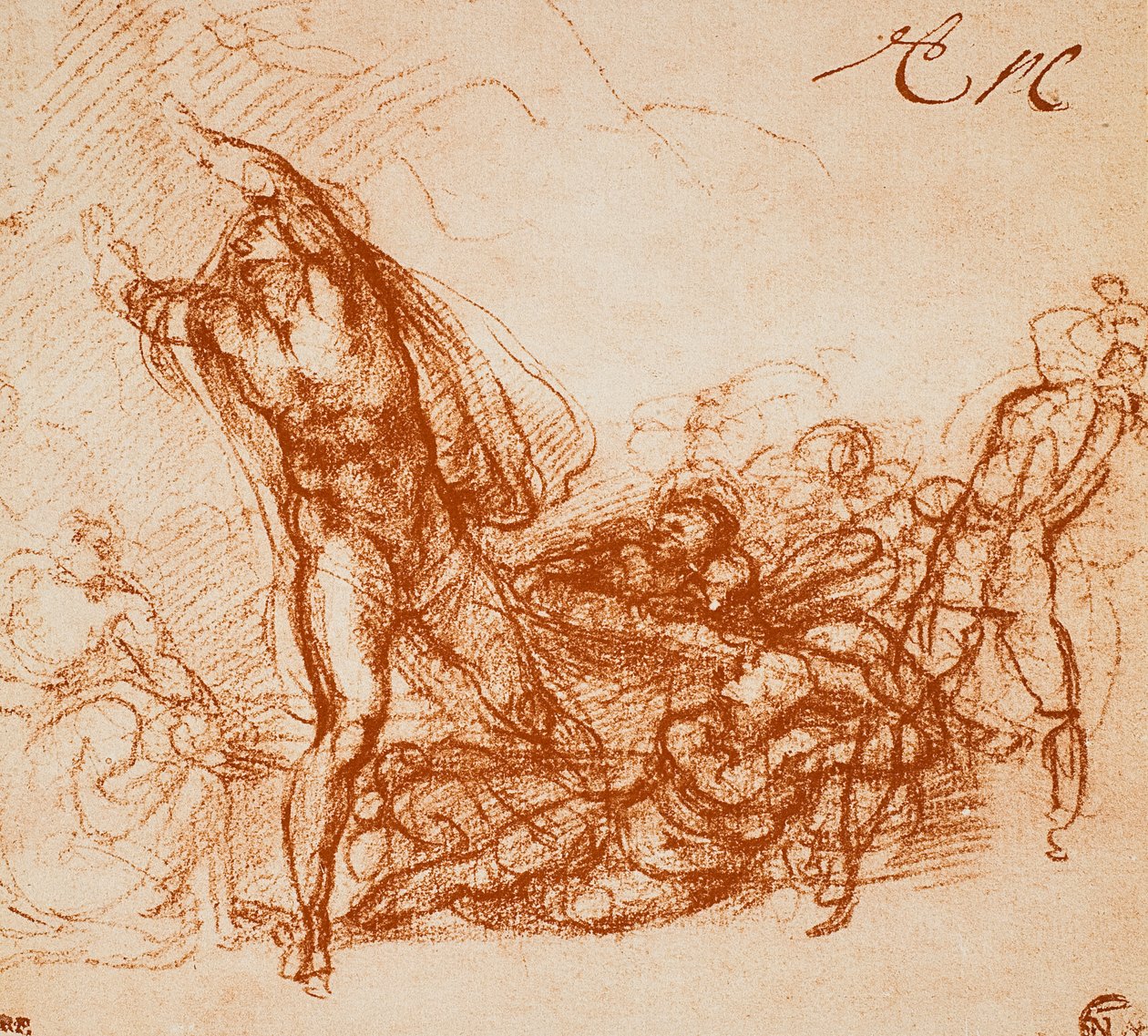 Studie k fresce kaple Paolina; kresba Michelangelo. Louvre, Paříž od Michelangelo Buonarroti