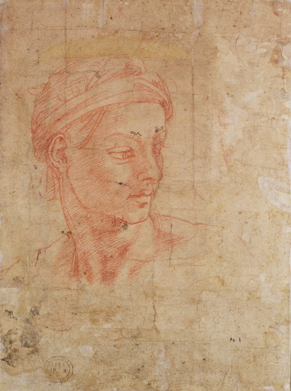 Studie hlavy (červená křída na papíře) od Michelangelo Buonarroti