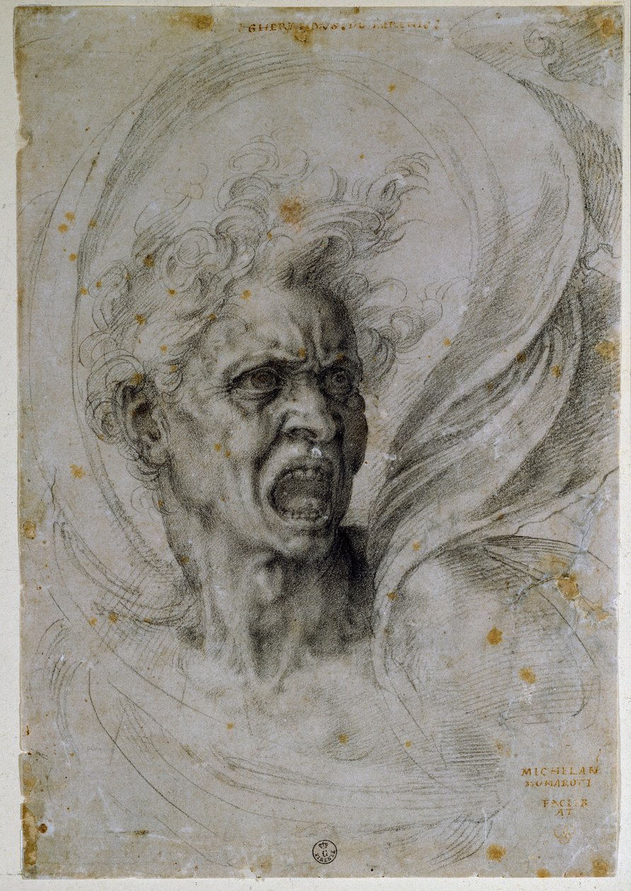 Studoval hlavu křičícího muže. Kresba Michelangela Buonarrotiho (1475-1564). Florencie, muzeum Uffizi (Florencie, návrh kabinetu a známky Uffizi). od Michelangelo Buonarroti