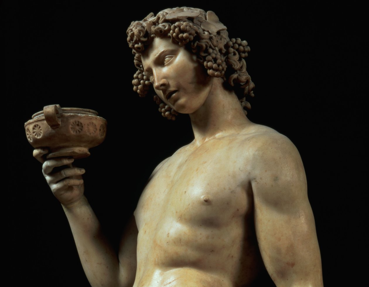 Bakchovo opilost, detail jeho hlavy, socha Michelangela Buonarrotiho 1475-1564, 1496-97 mramorový detail 52672 od Michelangelo Buonarroti