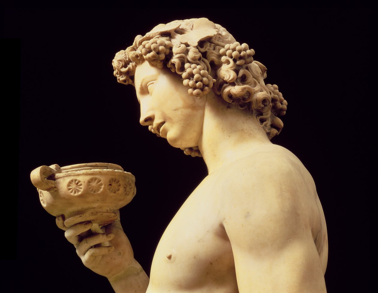 Bakchovo opilost, detail jeho hlavy, socha Michelangela Buonarrotiho 1475-1564, 1496-97 mramorový detail 52672 od Michelangelo Buonarroti