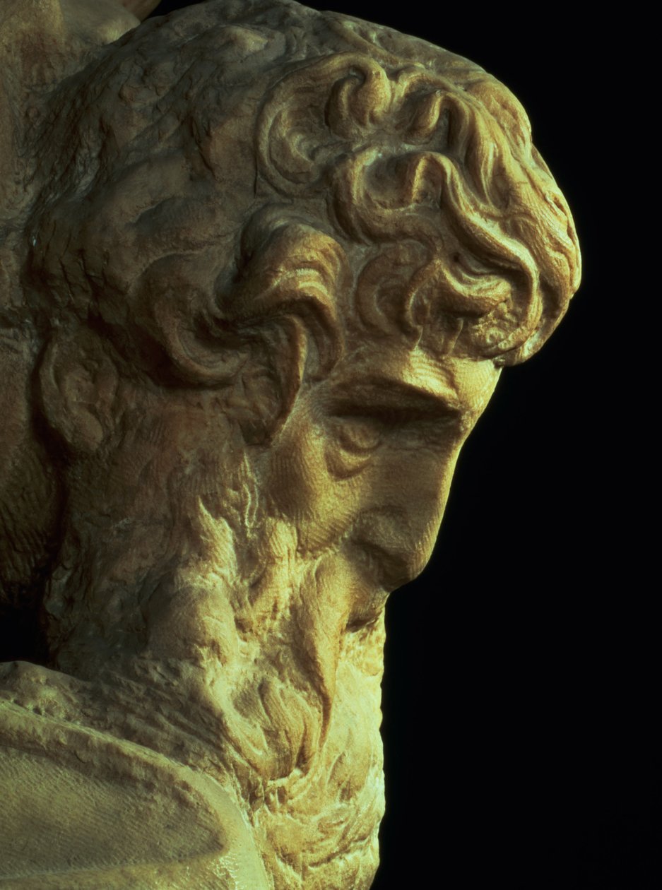 Génius vítězství od Michelangela Buonarrotiho 1475-1564 detail nedokončené hlavy, 1527-28 mramor viz 52671 od Michelangelo Buonarroti