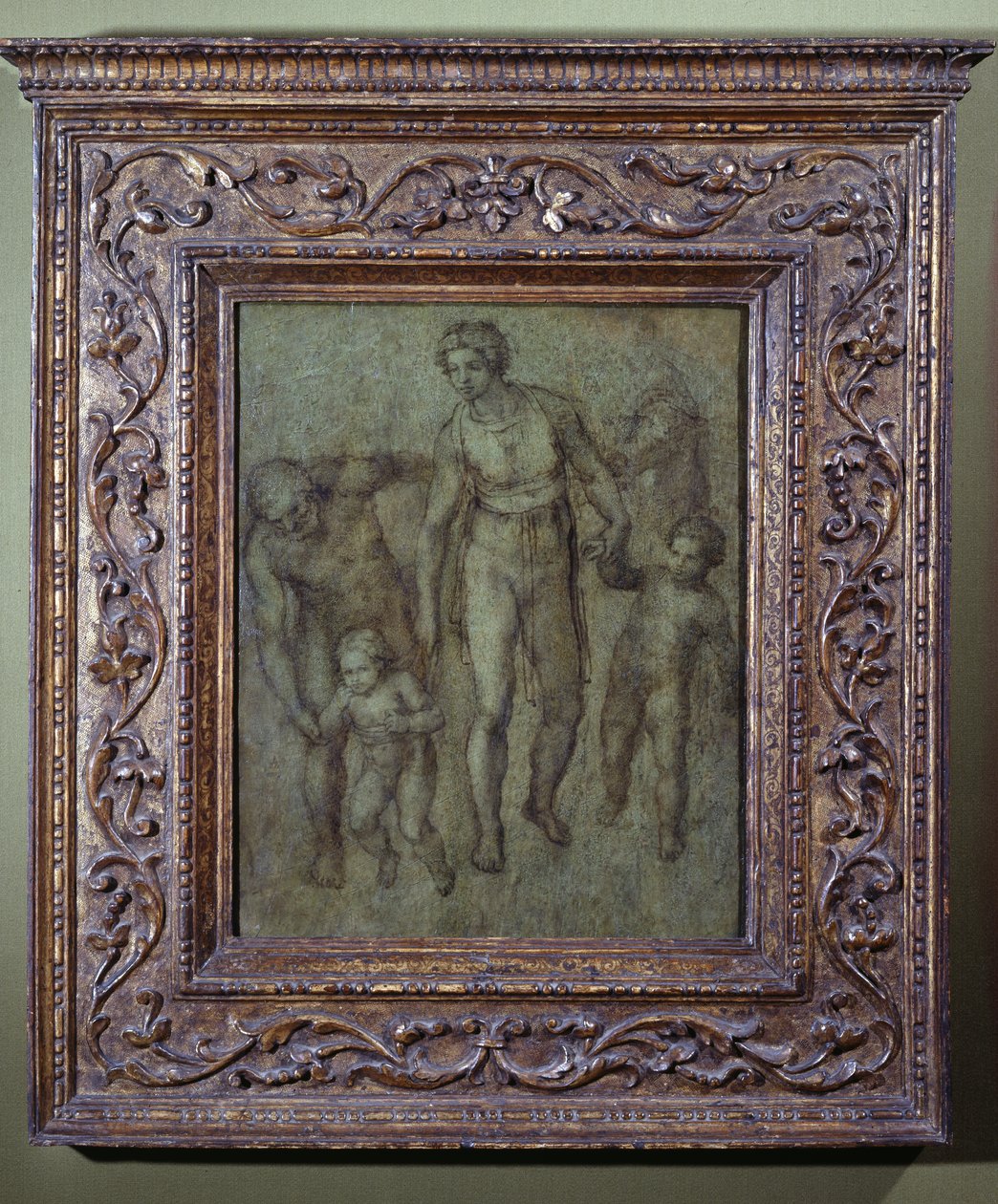 Svatá rodina se svatým Janem Křtitelem, kolem roku 1540 (štětec a hnědá barva na desce) od Michelangelo Buonarroti