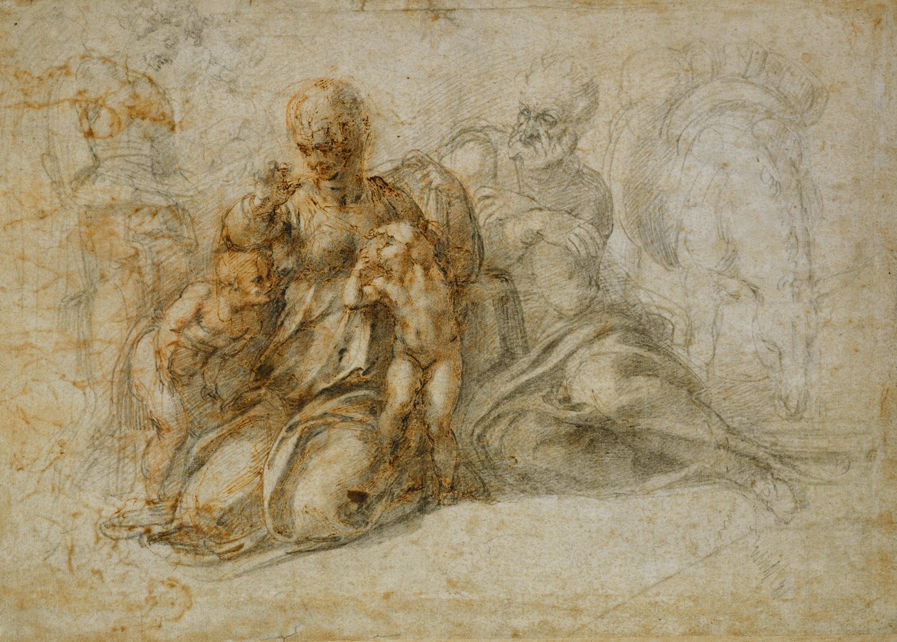 Setkání Svatého Jana Křtitele se Svatou Rodinou za účasti andělů: Odpočinek na útěku do Egypta od Michelangelo Buonarroti