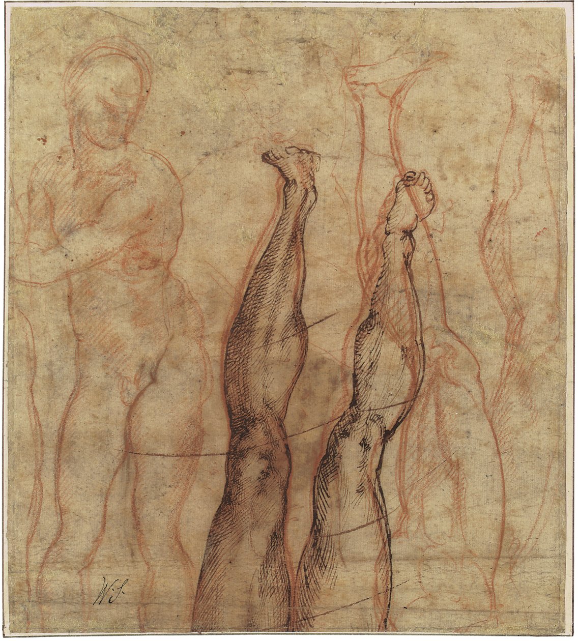 Vzkříšený Kristus, tříčtvrteční akt kreslený přes studie nohy a chodidla od Michelangelo Buonarroti