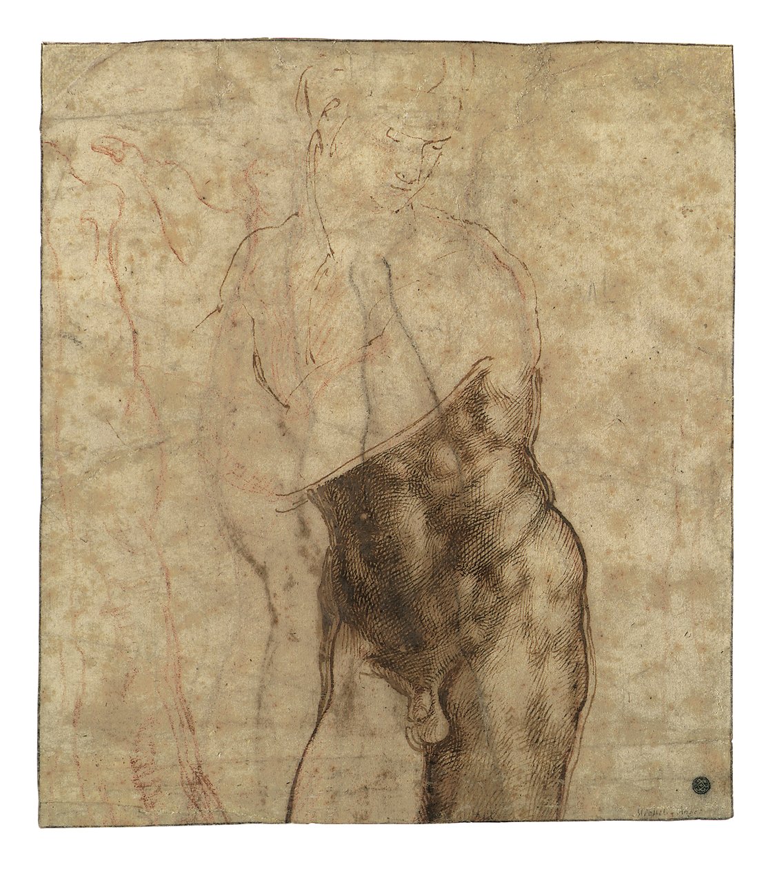 Zmrtvýchvstalý Kristus, tříčtvrteční akt s pohledem dolů doprava od Michelangelo Buonarroti