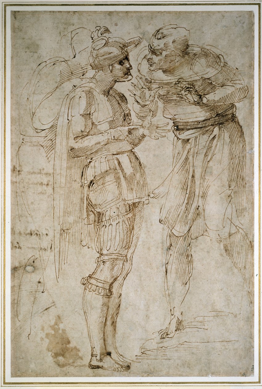 Tři muži v rozhovoru (pero a hnědý inkoust na papíře) od Michelangelo Buonarroti