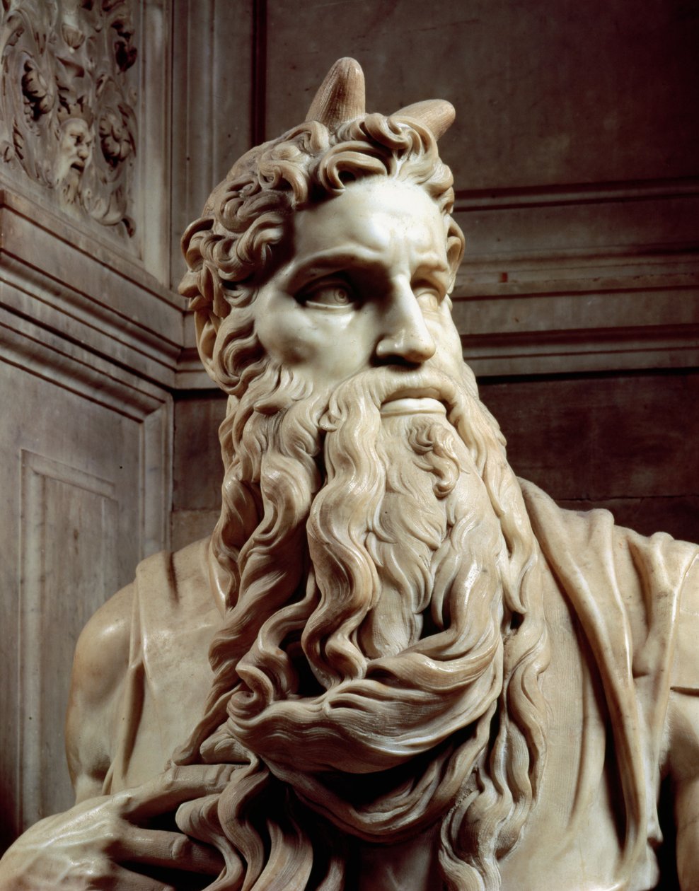 Hrobka papeže Julia II. 1453-1513 detail hlavy Mojžíše, 1513-16 mramor od Michelangelo Buonarroti