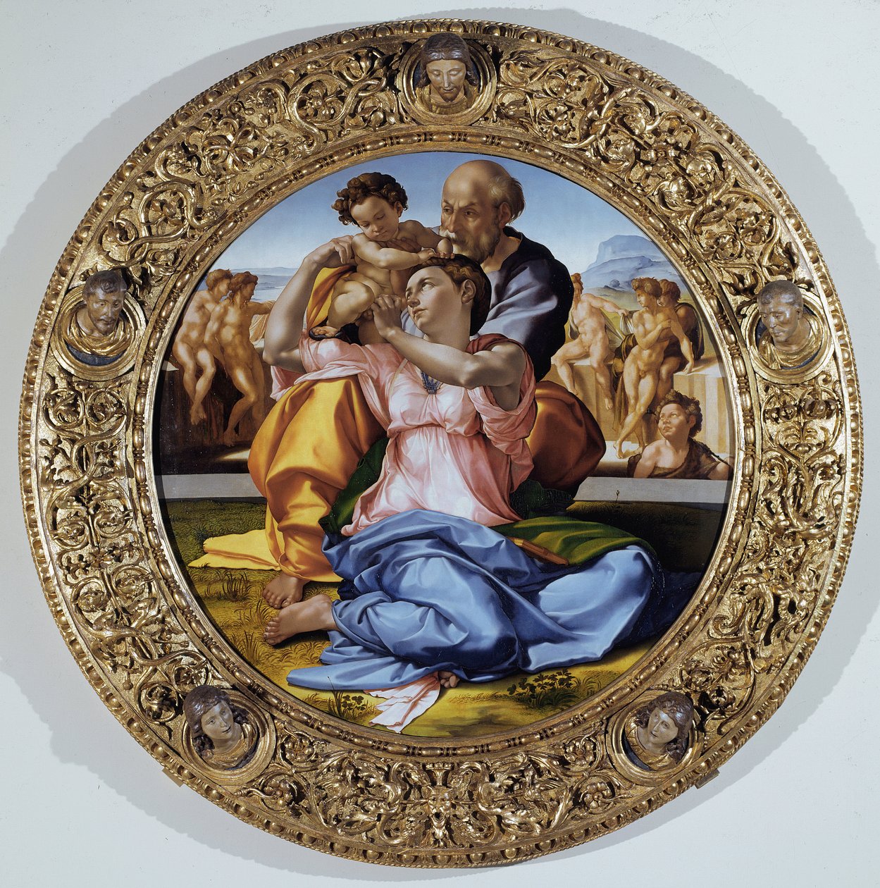 Tondo Doni: Svatá rodina se svatým Janem Křtitelem - olej na desce od Michelangelo Buonarroti