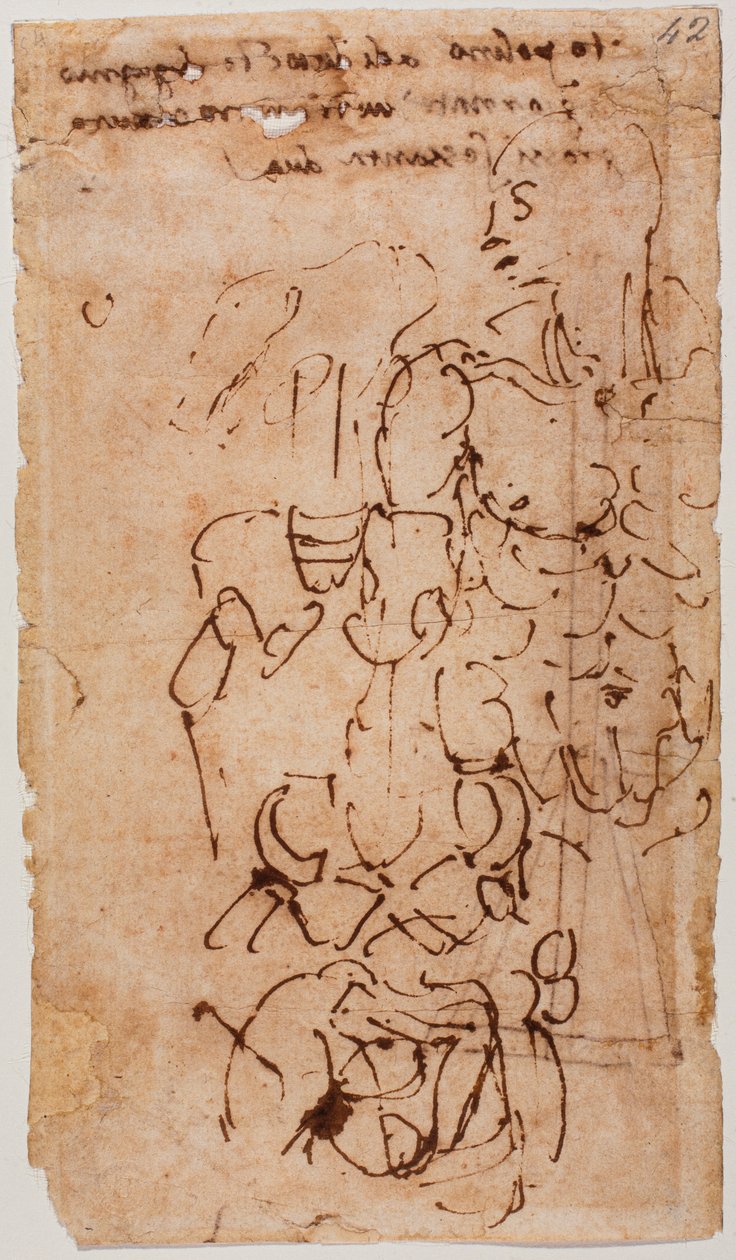 Neidentifikovaný náčrtek a ručně psaný nápis od Michelangelo Buonarroti