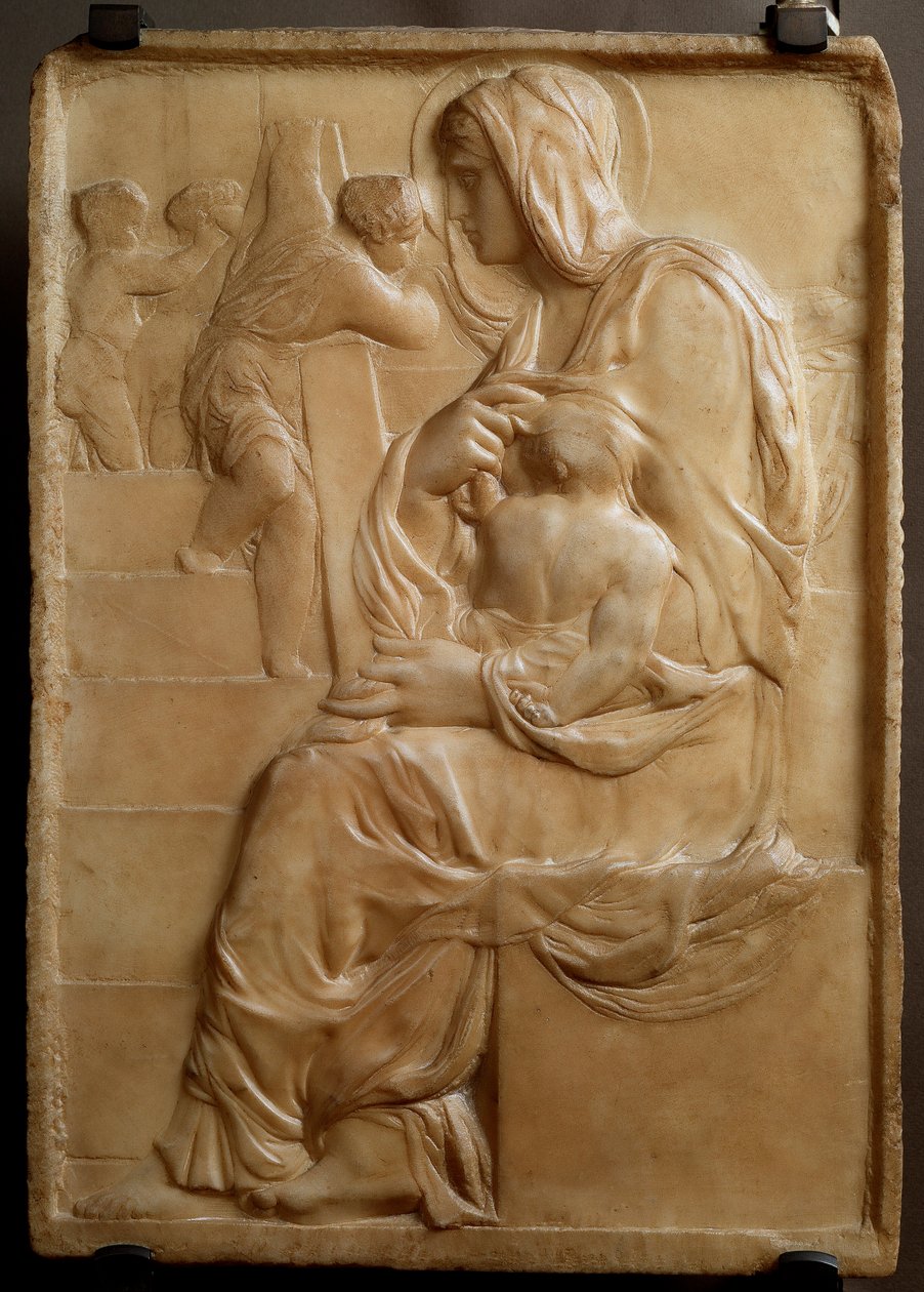 Panna na schodech (Madonna della Scala) Nízký mramorový reliéf od Michelangela Buonarroti dit Michel Ange (Michelangelo nebo Michelangelo od Michelangelo Buonarroti