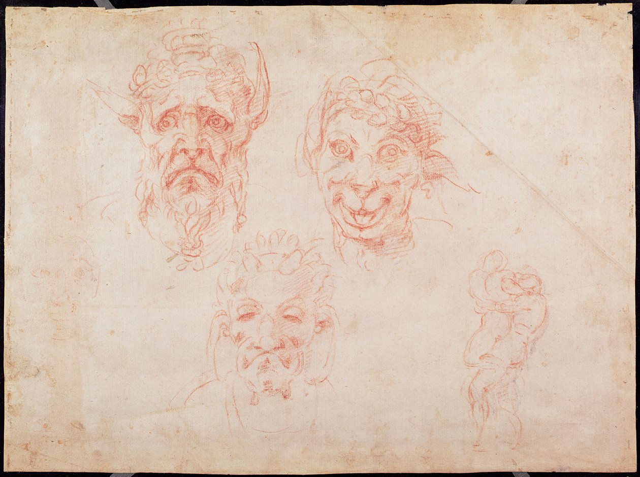 W.33 Náčrty tváří satyrů (červená křída na papíře) od Michelangelo Buonarroti