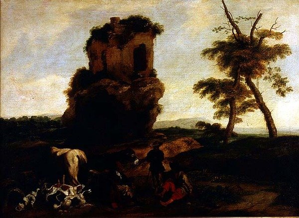 Krajina s cestujícími, kteří odpočívají poblíž hostince od Michelangelo Cerquozzi