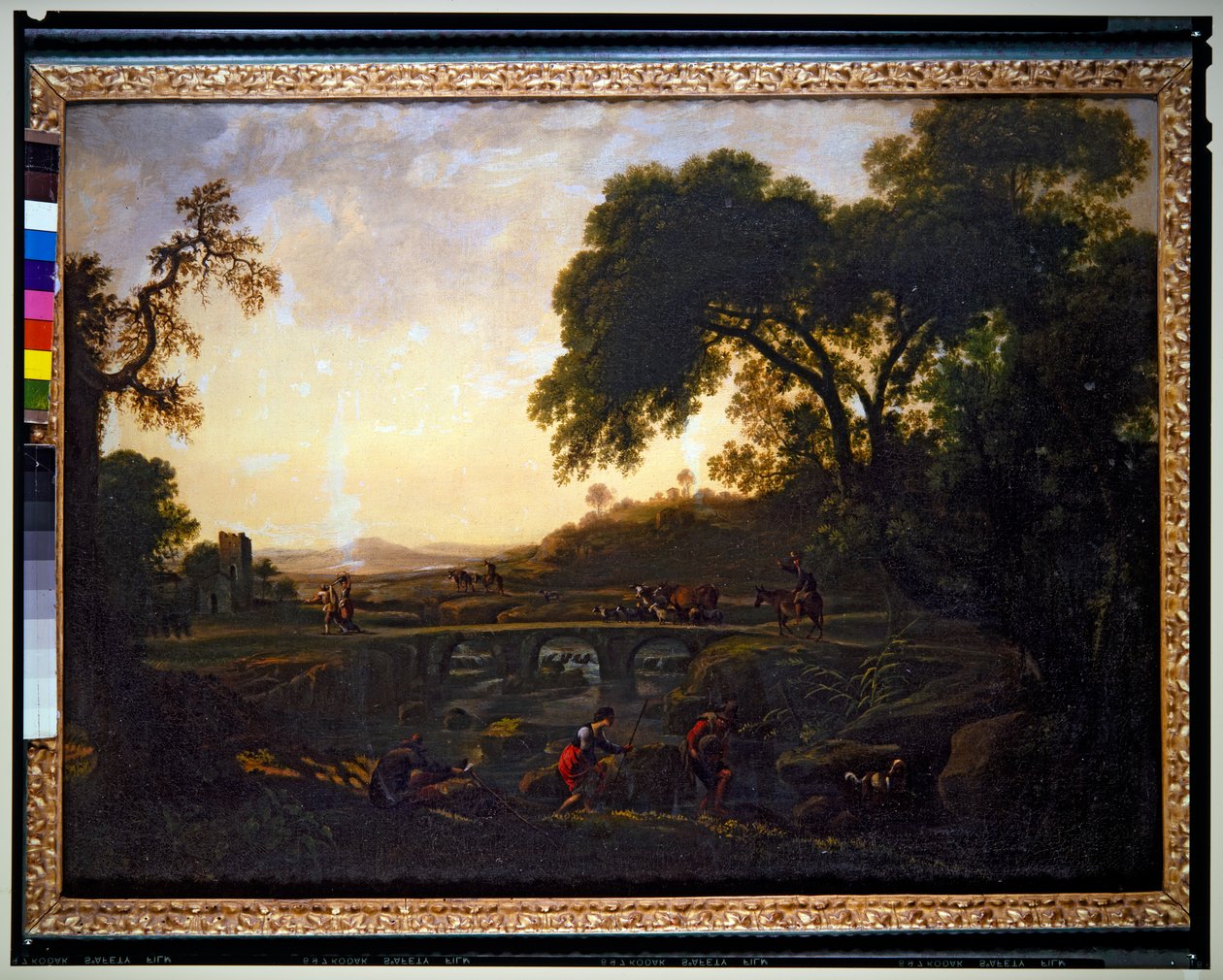 Krajina s mostem a sedláky, krávami a kozami (plátno) od Michelangelo Cerquozzi