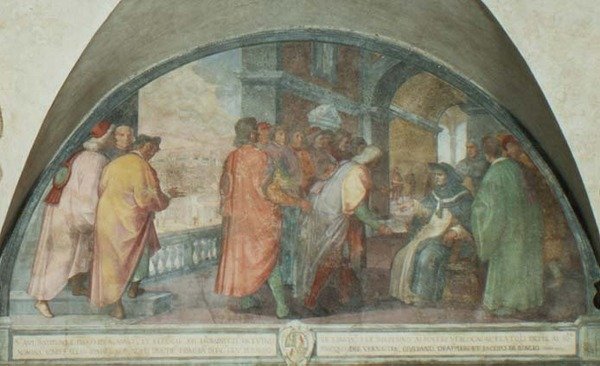 Svatý Antoninus zakládá Společnost dobrých mužů v San Martinu, luneta (freska) od Michelangelo Cinganelli