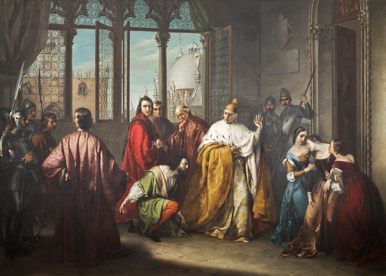Dóže Francesco Foscari posílá svého syna Jacopa do vyhnanství ("I due Foscari") od Michelangelo Grigoletti