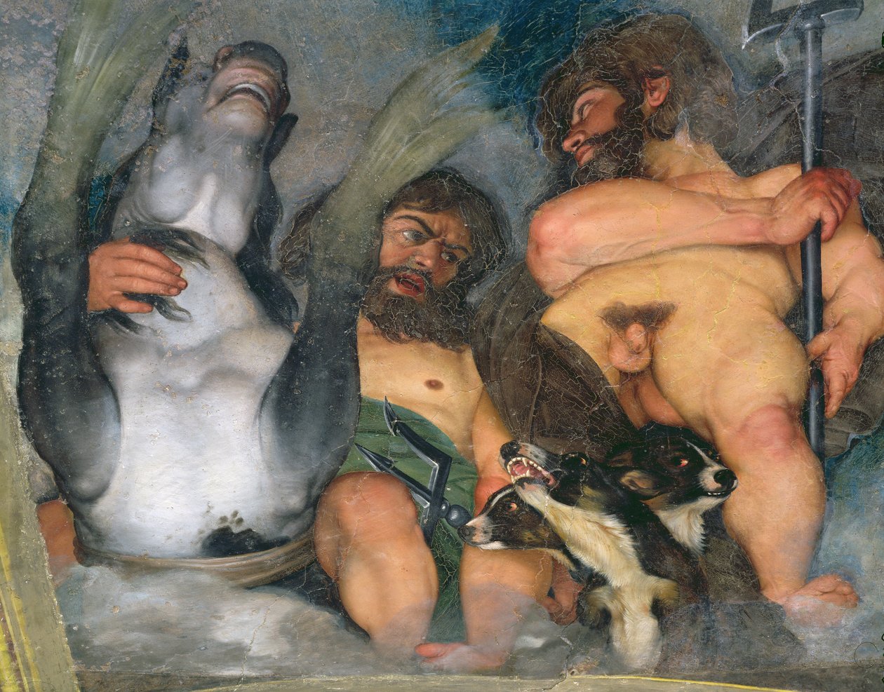 Alegorie živlů, vesmíru a znamení zvěrokruhu, detail Neptuna a Tritona s Cerberem, tříhlavým psem, 1597 detail olej na sádře z 107109 od Michelangelo Merisi Caravaggio