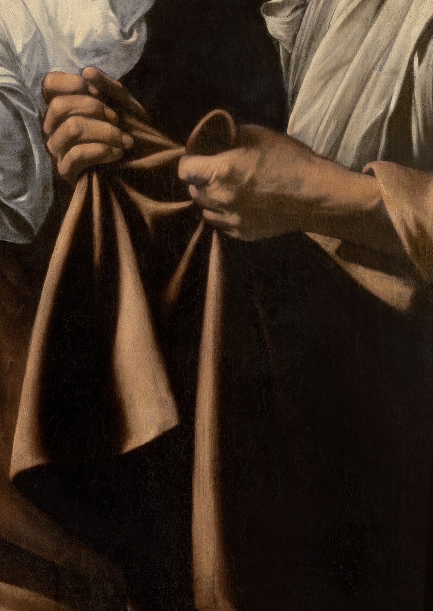 Detail tašky na hlavu sluhy od Judith a Holofernes, 1599 od Michelangelo Merisi Caravaggio