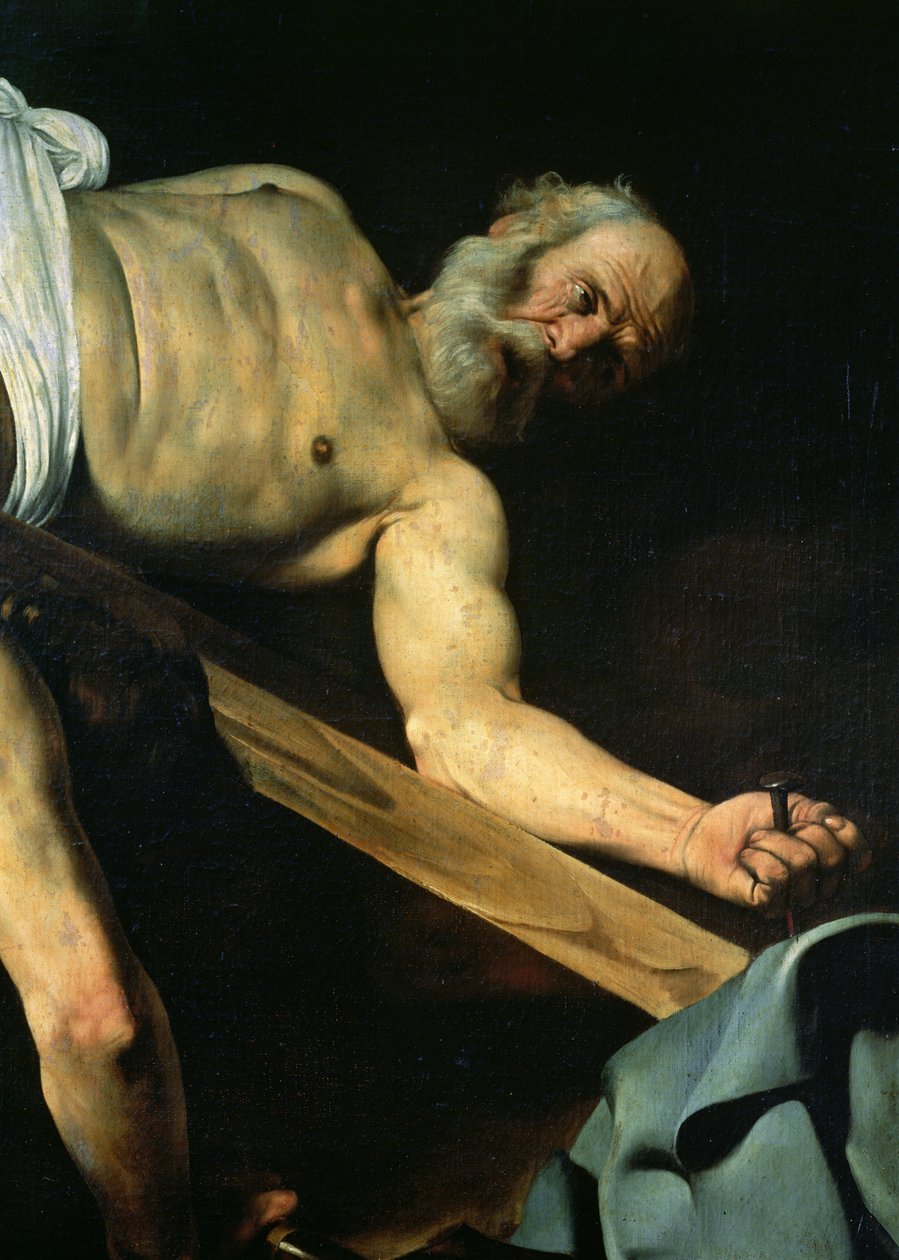 Ukřižování sv. Petra, detail sv. Petra, 1600-01 od Michelangelo Merisi Caravaggio