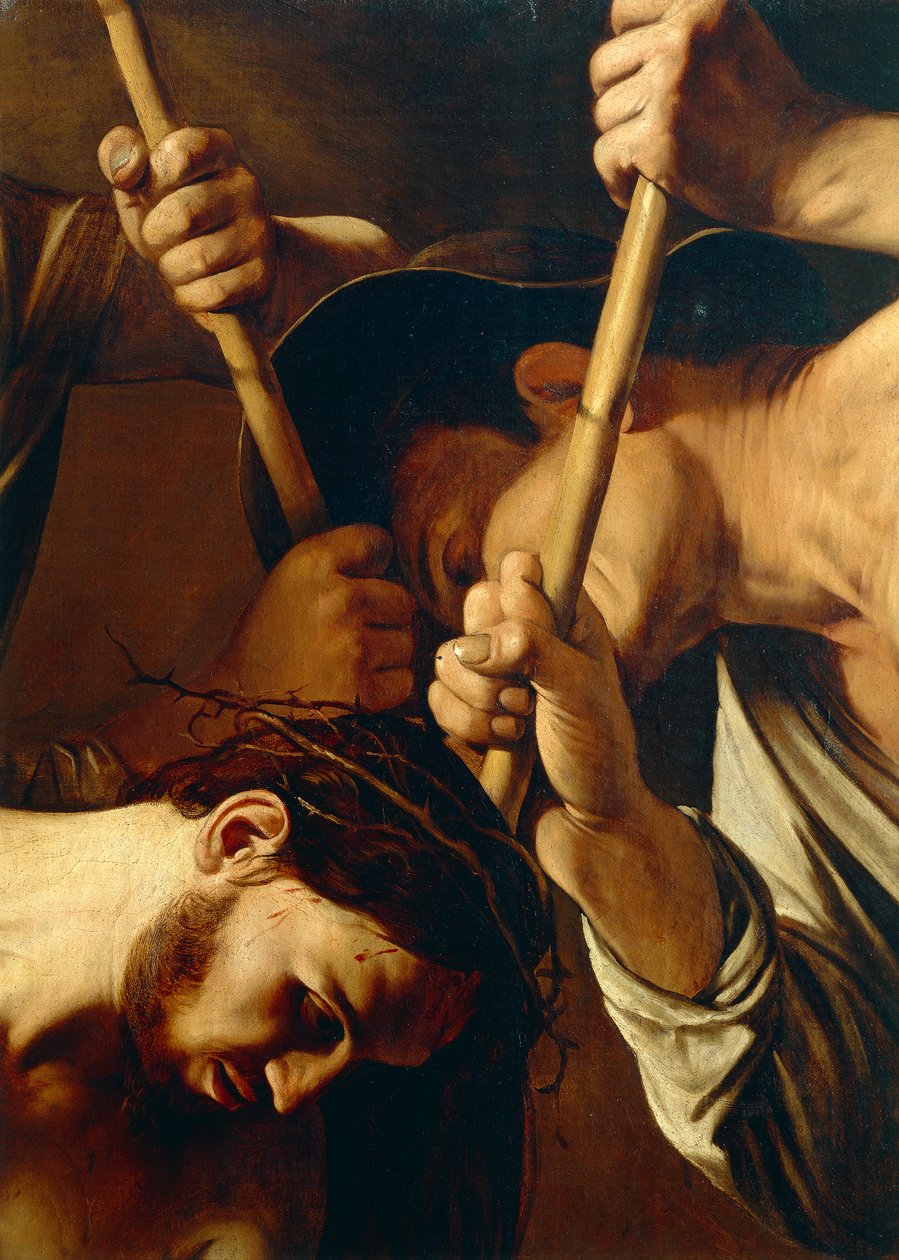 Tvář Krista, Korunování trním, kolem 1603 (olej na plátně) (detail 507206) od Michelangelo Merisi da Caravaggio