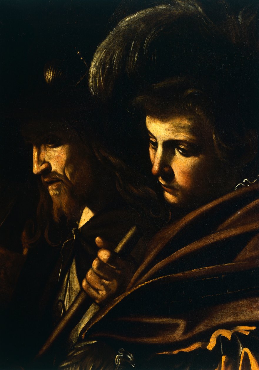 Tváře dvou mužů, detail z Panny Marie Milosrdné aneb Sedm skutků milosrdenství, cca 1606-07 (olej na plátně) od Michelangelo Merisi da Caravaggio