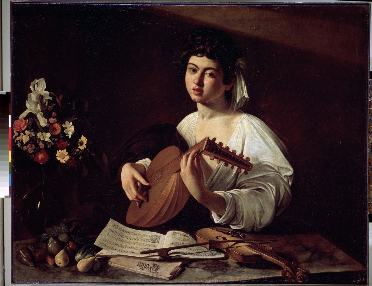 "Hráč na loutnu"" (Hráč na loutnu) Obraz Michelangela Merisiho známý jako Caravaggio (Caravaggio) (1571-1610) kolem roku 1595 Rozměr 94x119 cm Muzeum Ermitáž, Petrohrad. od Michelangelo Merisi da Caravaggio