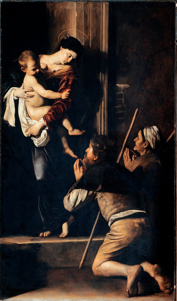 Madonna dei pellegrini známá také jako Madonna z Loreta (Madonna des Pelerins nebo Madonna de Lorette). Obraz Michelangela Merisi dit Il Caravaggio (Caravaggio) (1571-1610) 1603-1605 Rozměr.260x150 cm Řím, Kostel Sant 