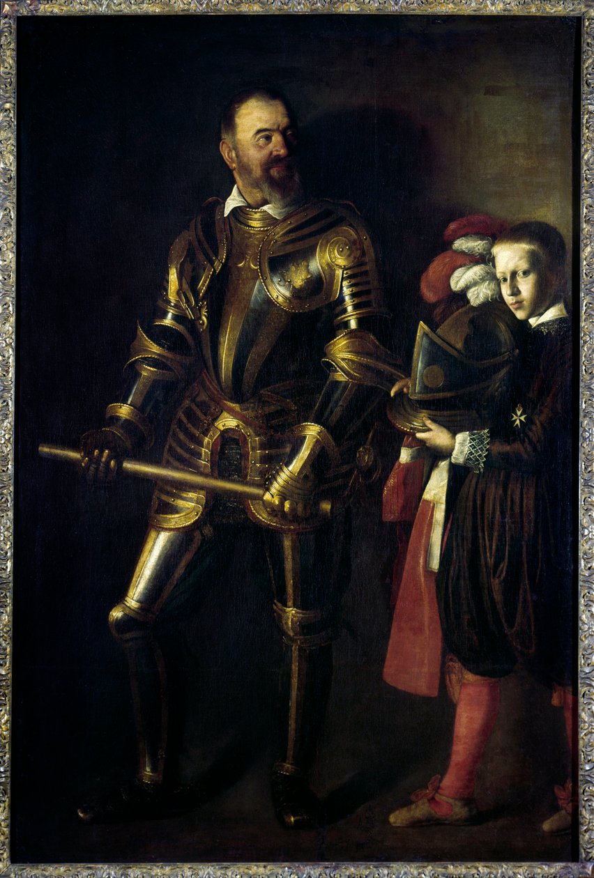 Portrét v nohách Alofa de Wignacourt (1547-1622), velmistra Maltézského řádu z let 1601-1622, a jeho stránka Obraz Michelangelo Merisi dit Le Caravaggio ou il Caravaggio (1571-1610) 1608 Sun. 1,94x1,34 m od Michelangelo Merisi da Caravaggio