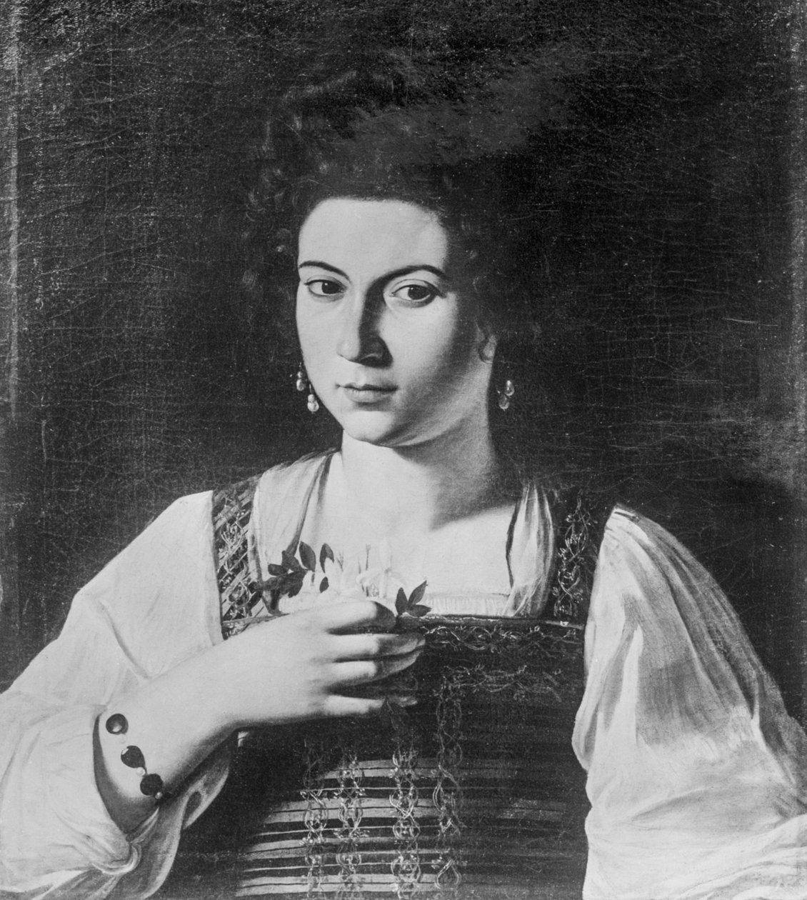 Portrét kurtizány (také známý jako Portrét Fillide) (zničené umělecké dílo), kolem roku 1590 (olej na plátně) od Michelangelo Merisi da Caravaggio