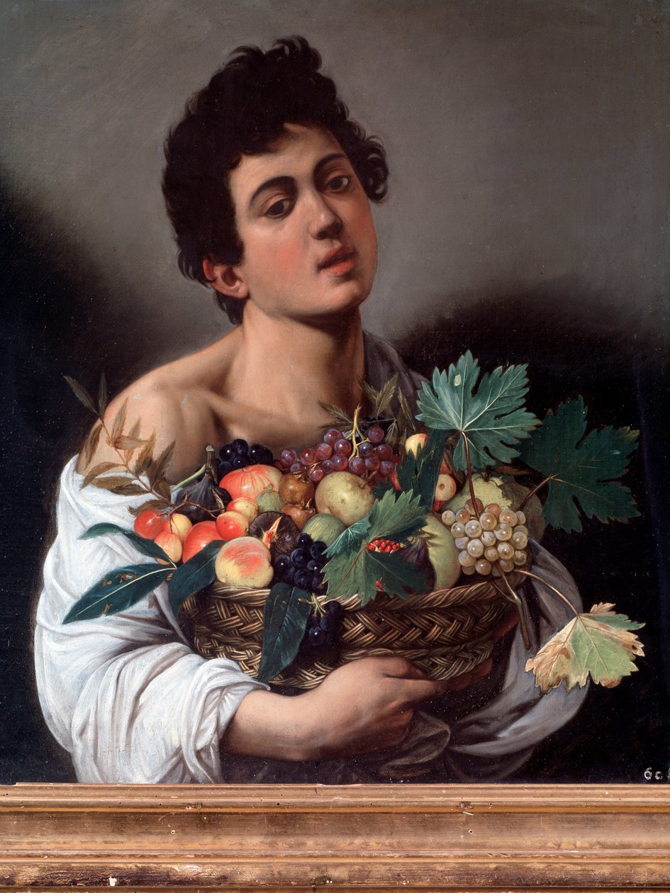 Portrét mladého muže s košíkem ovoce nebo ovocnář. Detail (malba od Michelangelo Merisi da Caravaggio