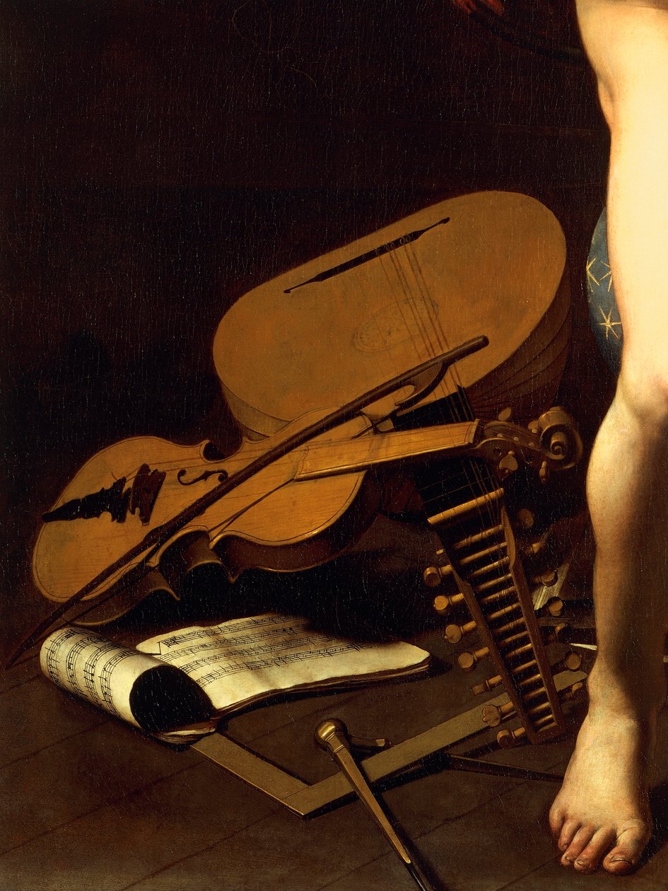 Znázornění hudebních nástrojů, detail Amor Victorious, cca 1602 (olej na plátně) od Michelangelo Merisi da Caravaggio
