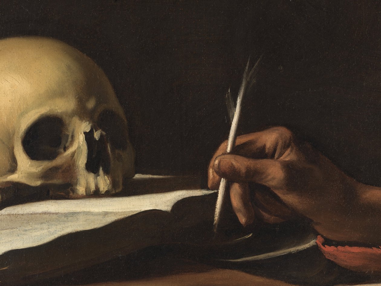 Písmo svatého Jeronýma, detail pera od Michelangelo Merisi da Caravaggio