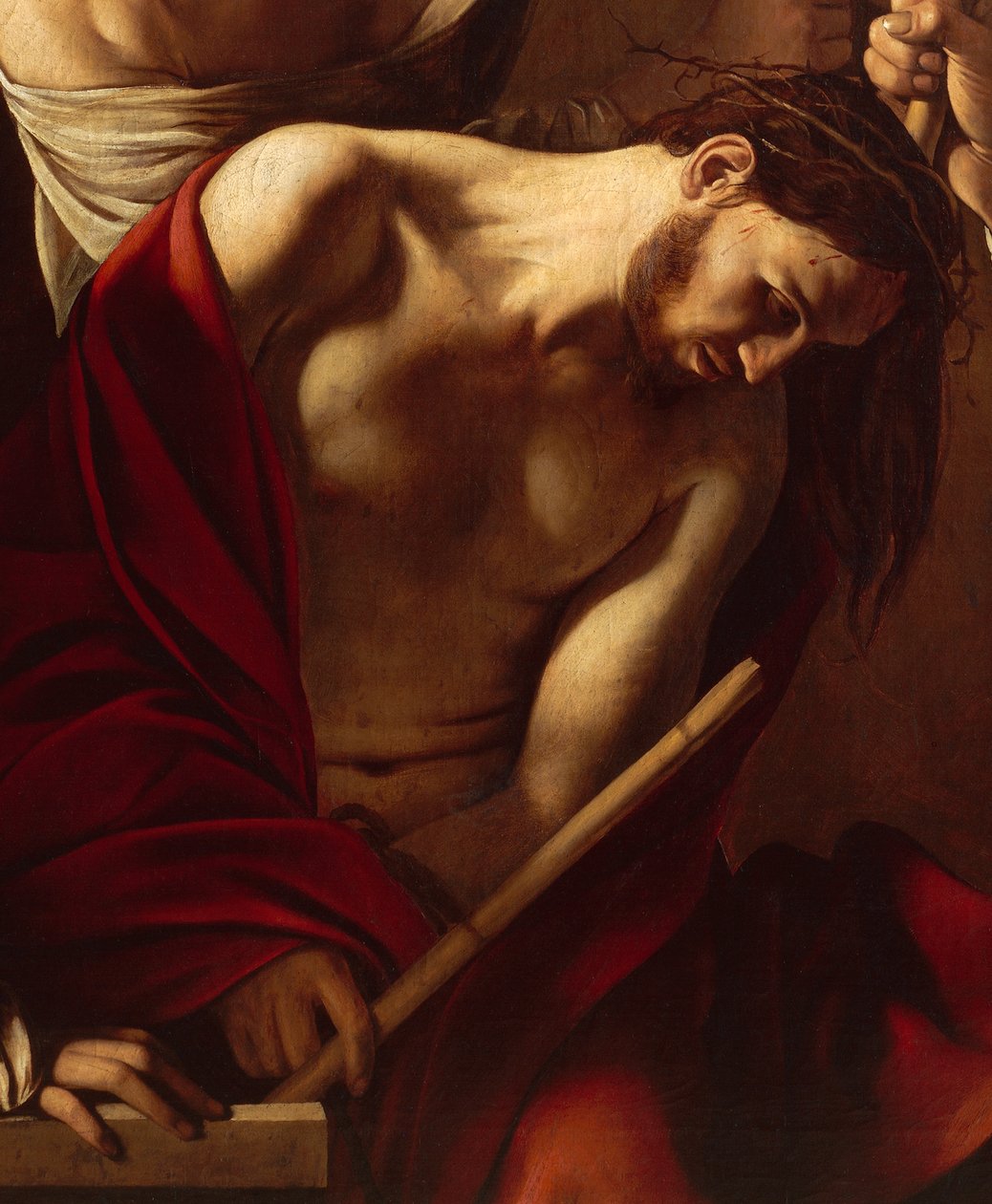 The Crowning with Thorns (detail), c.1603 (olej na plátně) od Michelangelo Merisi da Caravaggio
