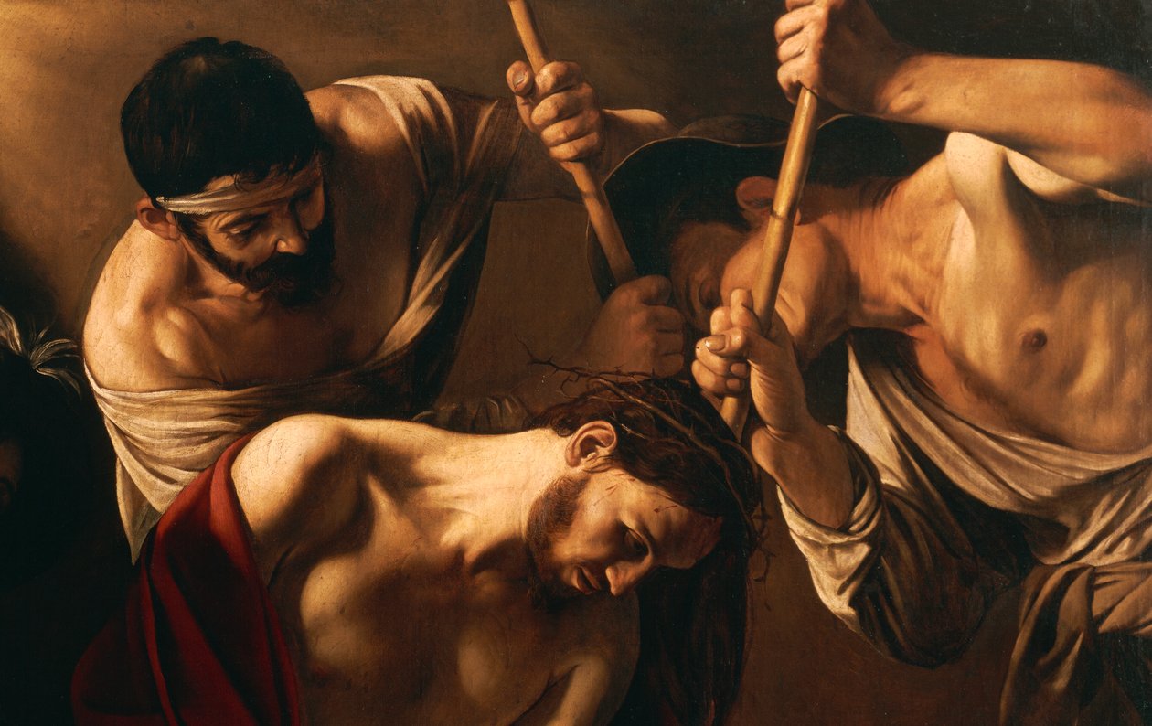 The Crowning with Thorns, c.1603 (olej na plátně) (detail 507206) od Michelangelo Merisi da Caravaggio