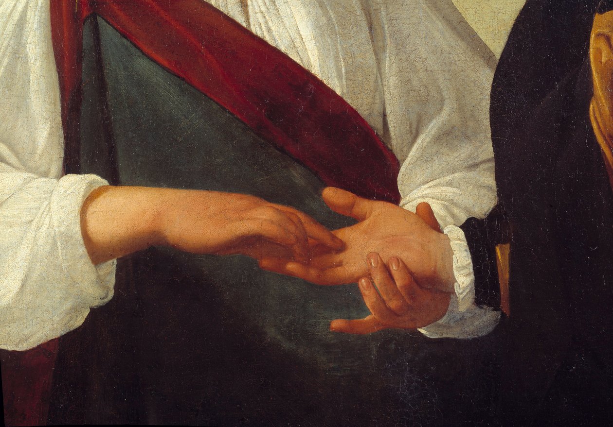 Detail věštce představující ruku klienta nataženou v ruce ženy, která čte linie jeho dlaně. Obraz Michelangela Merisi da Caravaggio dit Le Caravaggio (asi 1571-1610) Sun. 0,99 x 1,31 m od Michelangelo Merisi da Caravaggio