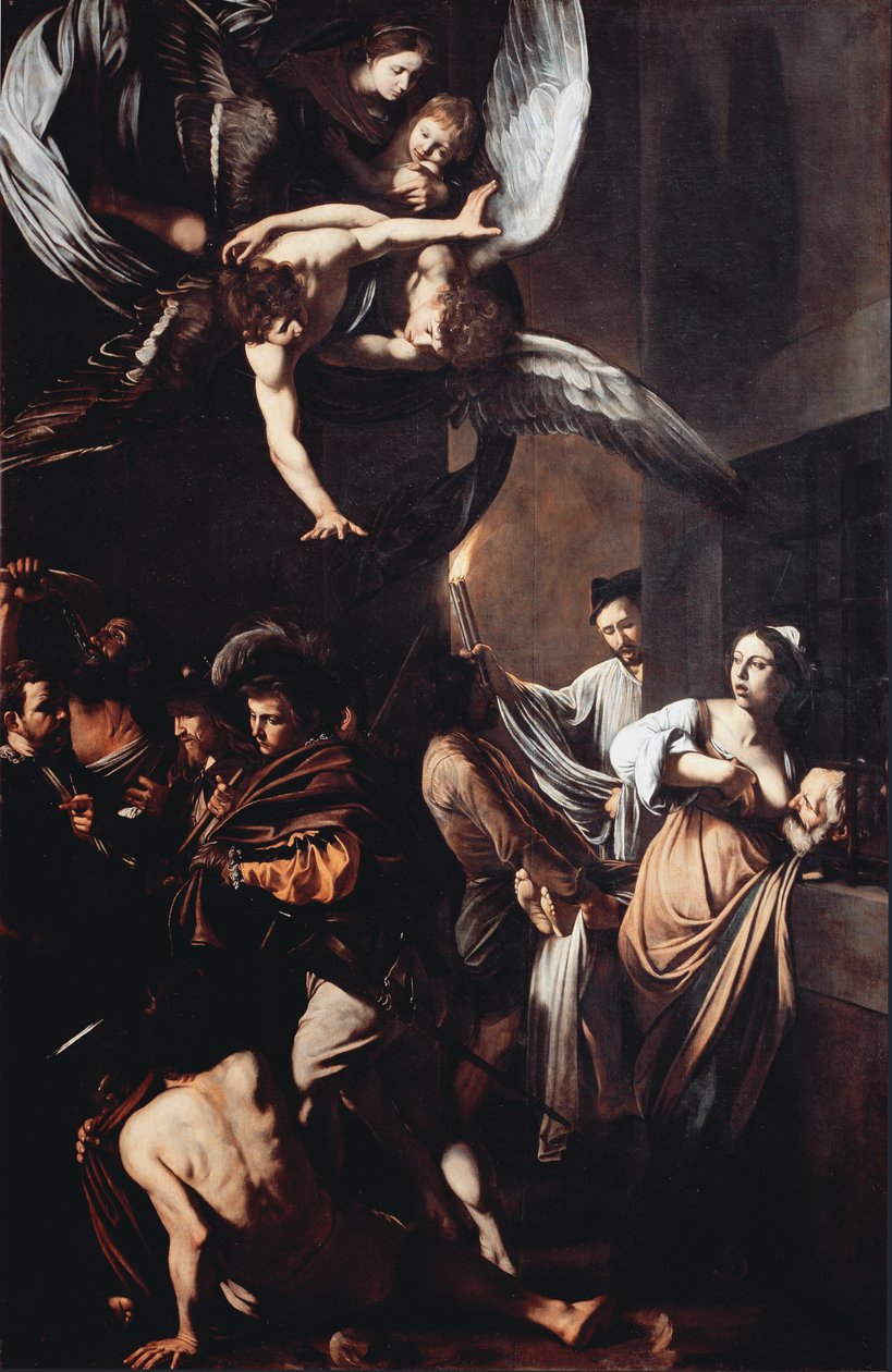 Sedm děl misericorde (Sette opere di misericordia). Cimon odsuzuje k hladovění ve vězení, živí se prsy své dcery Pero (Roman Charity) a v pozadí muž nese plamennou pochodeň, aby vytáhl mrtvolu. Nahoře má panna t od Michelangelo Merisi da Caravaggio