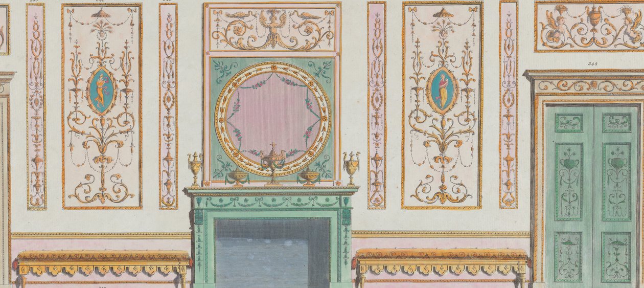 Interiér zdobená stěna s dveřmi a krbem, č. 344-350..., 20. března 1785. od Michelangelo Pergolesi