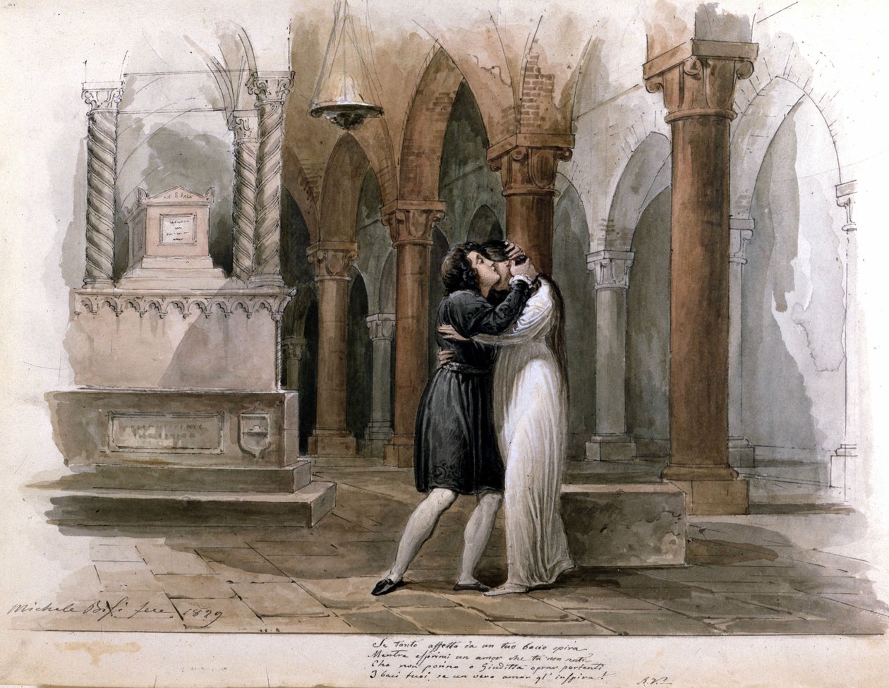 I Capuleti e i Montecchi (Les Capulet et les Montaigu) Vincenza Belliniho, představení v divadle Fenice v Benátkách. Giuditta Pasta a Giulia Grisi hrají Romeo a Julii. Akvarel od Michele Bisi od Michele Bisi