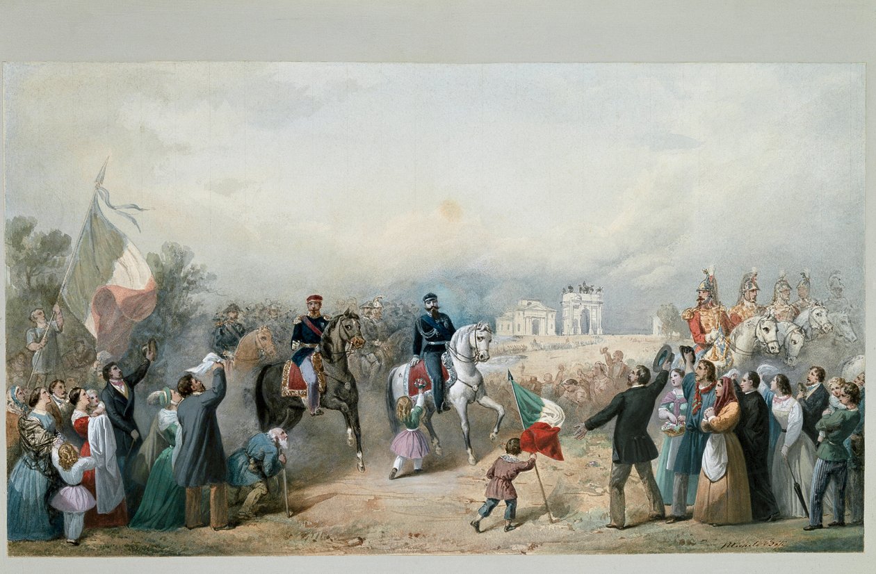 Triumfální vjezd krále Sardinie Vittoria Emanuela II. a Napoleona III. do Milána 8. června 1859 (akvarel od Michele Bisi