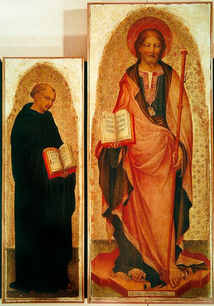 Svatý Jakub se svatými, detail svatého Jakuba a Filippa Benizziho, kolem 1450 (tempera na panelu se zlatem) (detail 256989) od Michele Giambono