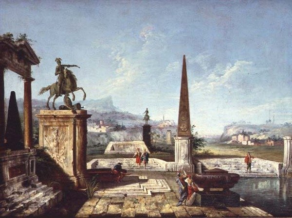 Capriccio klasických památek, obelisk s vojáky u bazénu a hory za ním (olej na plátně) od Michele Marieschi