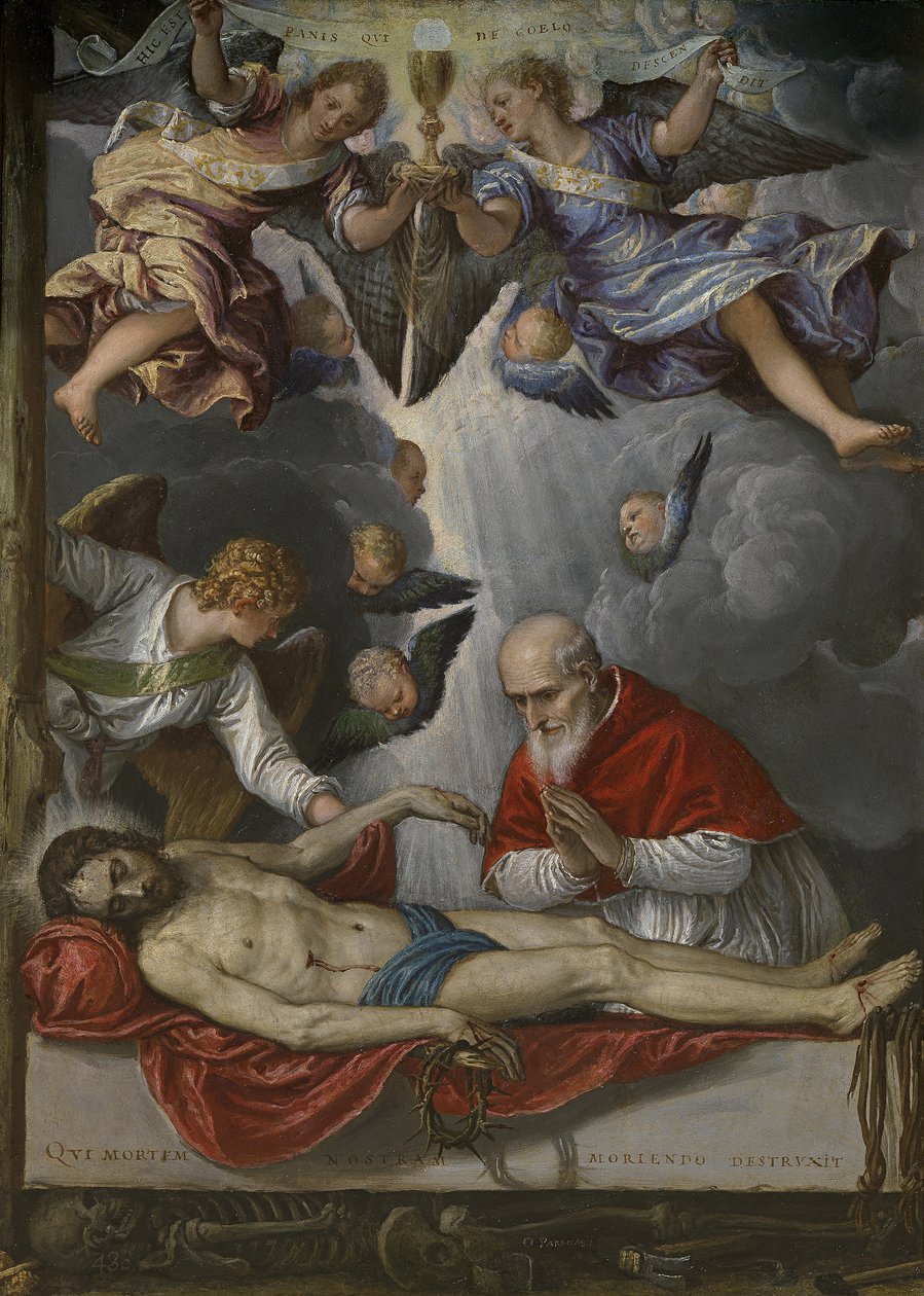 Mrtvý Kristus, uctívaný papežem Piem V., cca 1571-1572 od Micheli Parrasio