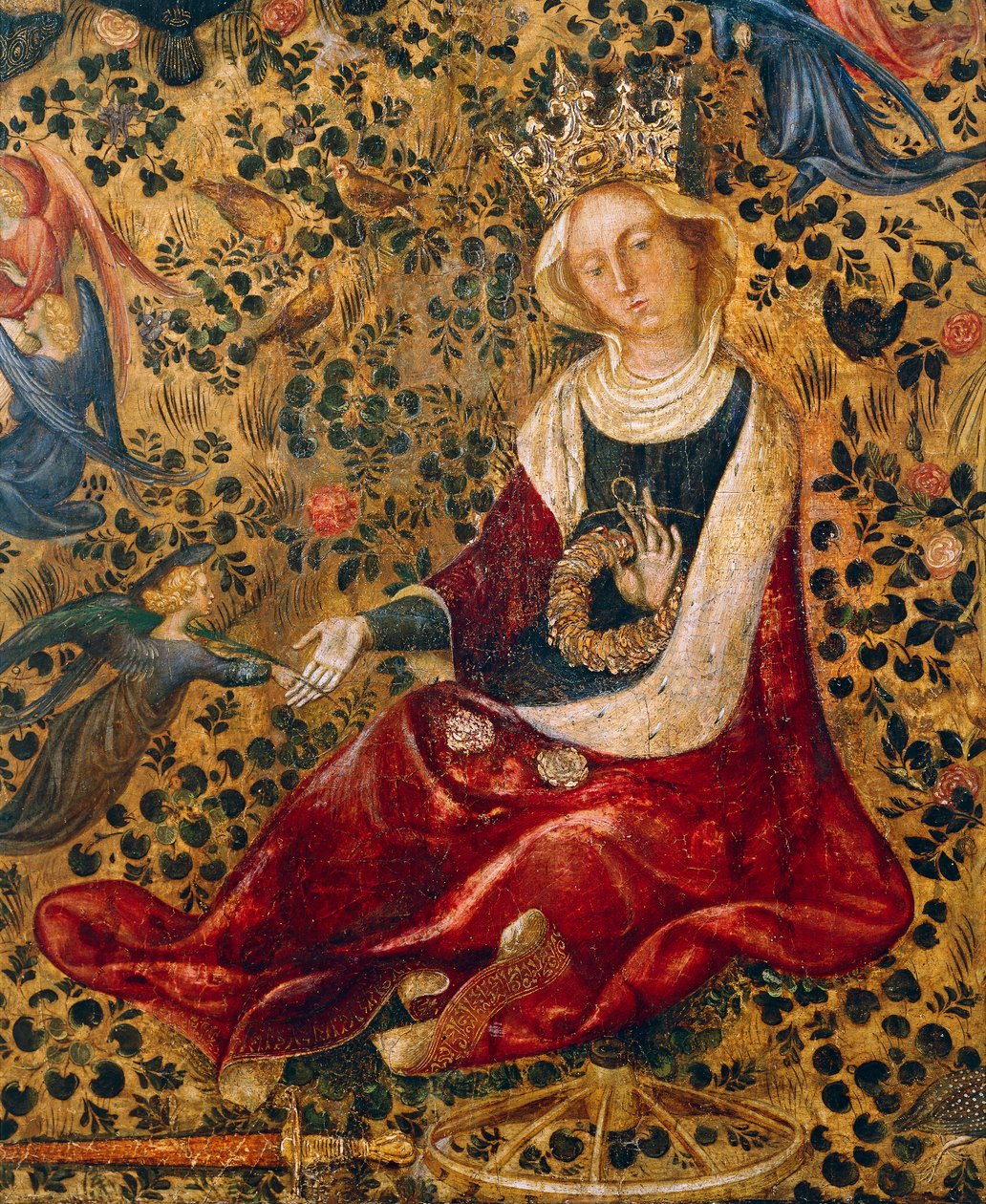 Svatá Kateřina Alexandrijská, detail ze zahrady Madony z Růže od Michelina da Besozzo (kolem 1370-1455) nebo Stefana da Verona (kolem 1374-1438), tempera na panelu, 63x42 cm od Michelino Molinari da Besozzo