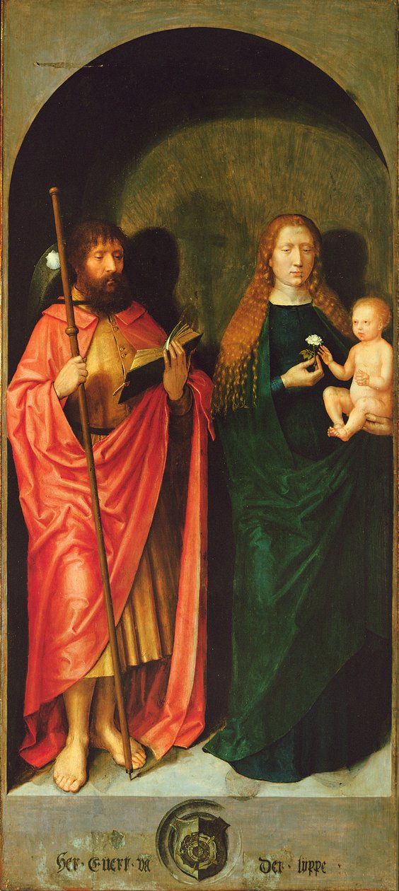 Madona s dítětem s apoštolem Jakubem starším z levého vnějšího křídla oltáře sv. Antonína, kolem 1517-18 (olej a tempera na panelu) od Michiel Sittow