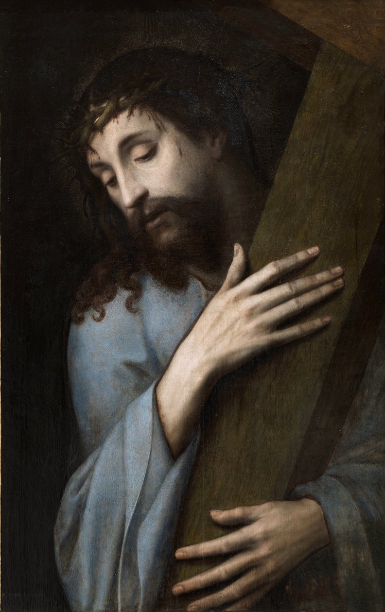 Ježíš s křížem - Peinture de Michiel Coxcie (Coxie, Coxien, De Coxien, De Coxcie, Coxius, Van Coxcie) (1499-1592), cca 1555 - Olej na dřevě, 81x50 - Museo del Prado, Madrid od Michiel I Coxie or Coxcie